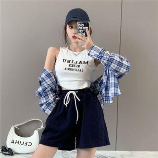 Lettering Tank Top / Plaid Shirt / Shorts