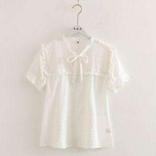 Short-sleeve Plain Tie-neck Blouse White - One Size