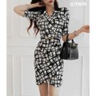 Notch-lapel Shirred Patterned Wrap Dress