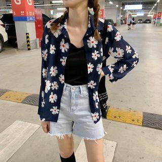 Flower Printed Long-sleeve Loose-fit Shirt Dark Blue - One Size