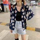 Flower Printed Long-sleeve Loose-fit Shirt Dark Blue - One Size
