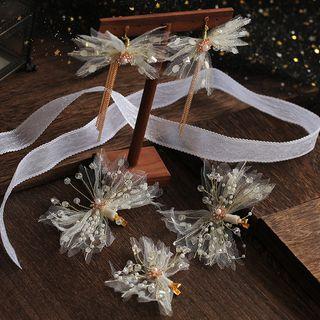 Wedding Set: Mesh Bow Hair Clip + Fringed Earring Set Of 1 - 1 Pair - Earring & Hair Clip - As Shown In Figure - One Size