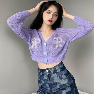 Bow Embroidered Cropped Knit Cardigan