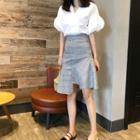 Puff Elbow-sleeve Blouse / Check Flounced Asymmetric Pencil Skirt