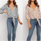 3/4-sleeve Printed V-neck Top