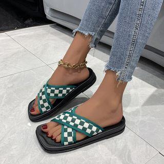 Checkered Cross Strap Platform Slide Sandals