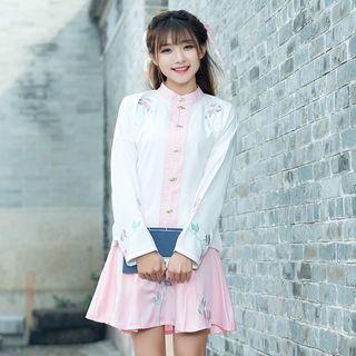 Printed Long-sleeve Blouse / Pleated Skirt