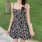Spaghetti Strap Floral Print A-line Dress / Short-sleeve Cardigan