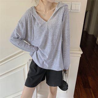 Long-sleeve Hooded Striped T-shirt As Shown In Figure - One Size