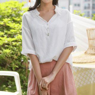Lace-collar Half-placket Blouse