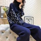 Set: Turtleneck Patterned Sweater + Wide-leg Pants