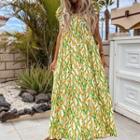 Short-sleeve Square Neck Floral Maxi A-line Dress