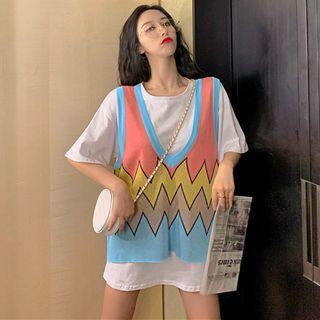 Short-sleeve Plain T-shirt / Color Block V-neck Knit Vest