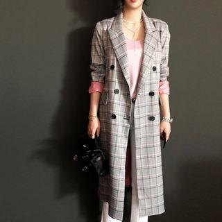 Peaked-lapel Double-breasted Checked Coat
