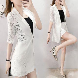 Set: Lace Panel Elbow-sleeve Blazer + Shorts