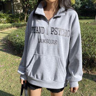 Lettering Print Half-zip Long-sleeve Pullover