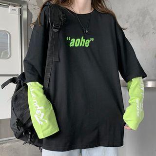 Mock Two-piece Color-block Long-sleeve T-shirt