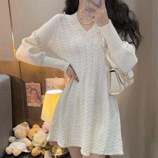 V-neck Plain Cable Knit Mini Dress