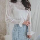Frill-edge Mock-neck Sheer Lace Top