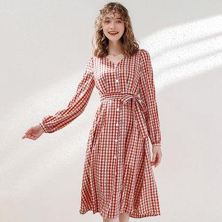 Plaid V-neck A-line Midi Shirtdress