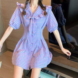Short-sleeve Checked Sailor Collar Buttoned A-line Mini Dress