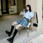 Set: Short-sleeve Embroidered Top + Plaid Tie