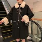 Fleece Collar Tie-neck Woolen Coat Black - One Size