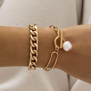 Set: Faux Pearl Alloy Bracelet + Chunky Chain Alloy Ring