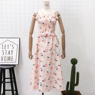 Set: Fruit-print Smocked Crop Top + A-line Skirt