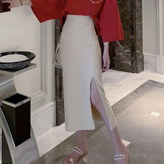Printed 3/4-sleeve T-shirt / Side Slit Midi Straight-fit Skirt / Set