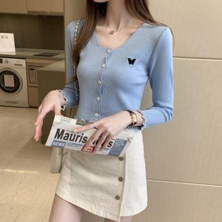 Long-sleeve Butterfly Embroidered Frill Trim Button-up Knit Top