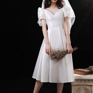 Short-sleeve Satin Midi A-line Dress