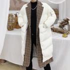 Mock Two-piece Plaid Panel Padded Zip-up Long Coat
