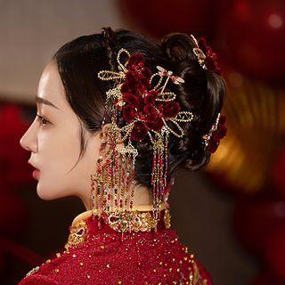 Beaded Flower Headpiece Wine Red - One Size