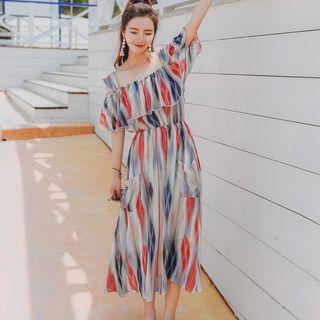 Short-sleeve Cut-out Shoulder Striped Sun Midi Dress