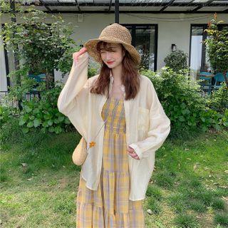 Plain Shirt / Plaid Spaghetti-strap Midi Dress