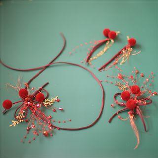 Wedding Set: Beaded Head Piece + Clip On Earring Hair String & 1 Pair Hair Clip & 1 Pair Clip On Earring - One Size