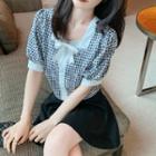 Short-sleeve Gingham Bow Accent Blouse
