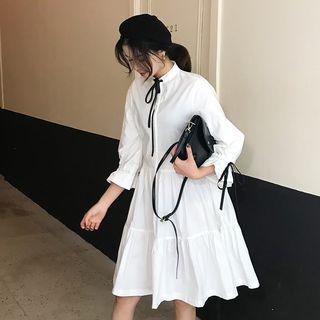 Tie Neck Long-sleeve Shirt Dress White - One Size