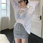 Long-sleeve Lettering T-shirt / Drawstring Mini Pencil Skirt