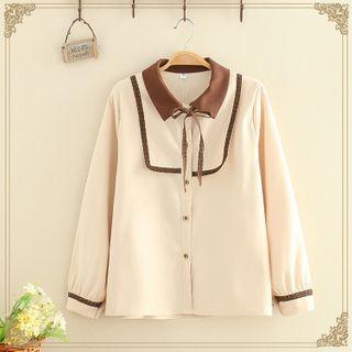 Lace-trim Collared Long-sleeve Blouse