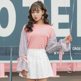 Mock Two-piece Striped Panel Sweatshirt / Letter Embroidered Pleated Skirt