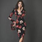 Long-sleeve Floral Print Sheath Dress As Shown In Figure - One Size