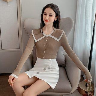 Lapel Color Block Knit Long-sleeve Top