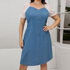Plus Size Lace Sleeve Button-up A-line Denim Dress