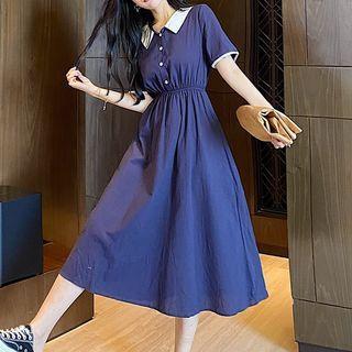Short-sleeve Contrast Collar Midi A-line Dress Blue - One Size