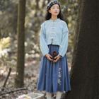 Set: Floral Embroidered Long-sleeve Hanfu Top + Midi A-line Skirt