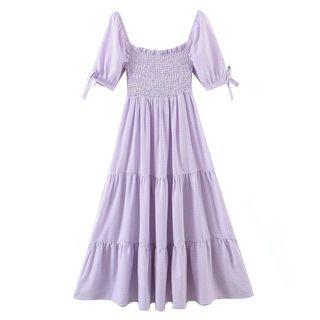 Short-sleeve Square-neck Ruched Plaid Midi A-line Dress
