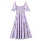 Short-sleeve Square-neck Ruched Plaid Midi A-line Dress