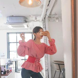 Lace-up Gingham Peplum Top